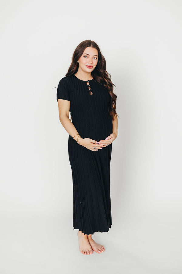 Winnie Front Bow Button Knit Midi Dress in Black - Bump Friendly
