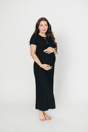 Winnie Front Bow Button Knit Midi Dress in Black - Bump Friendly