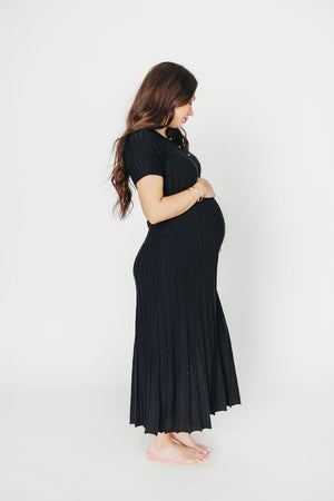 Winnie Front Bow Button Knit Midi Dress in Black - Bump Friendly