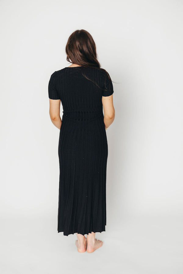 Winnie Front Bow Button Knit Midi Dress in Black - Bump Friendly