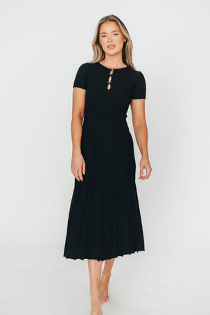 Winnie Front Bow Button Knit Midi Dress in Black - Bump Friendly