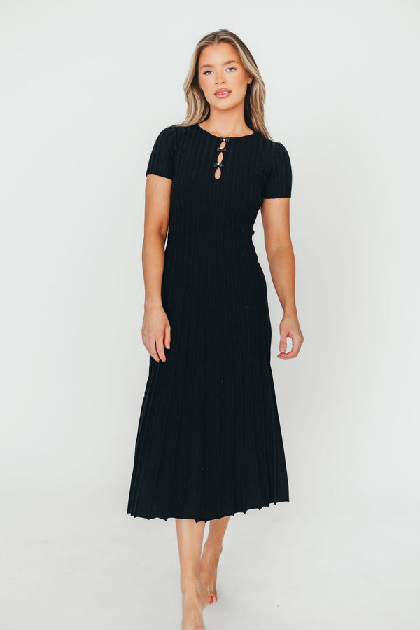 Winnie Front Bow Button Knit Midi Dress in Black - Bump Friendly