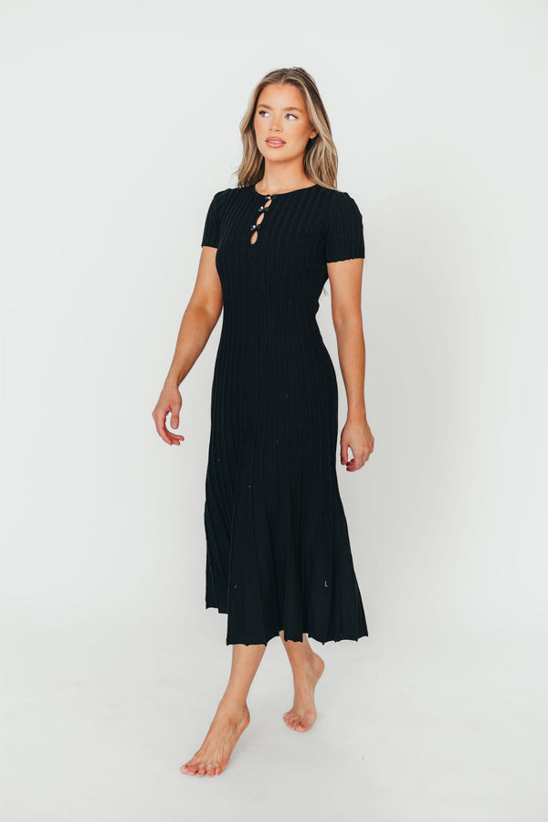 Winnie Front Bow Button Knit Midi Dress in Black - Bump Friendly