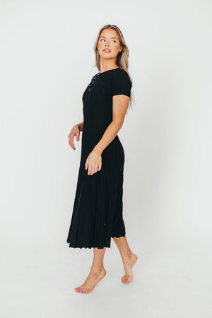 Winnie Front Bow Button Knit Midi Dress in Black - Bump Friendly