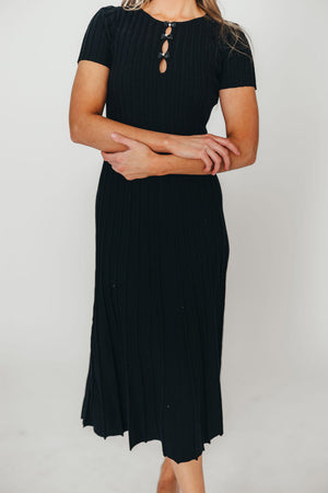 Winnie Front Bow Button Knit Midi Dress in Black - Bump Friendly
