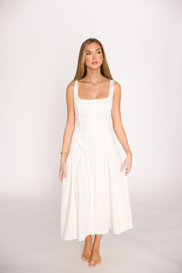 Violet Corset Style Drop Waist Midi Dress in Off-White