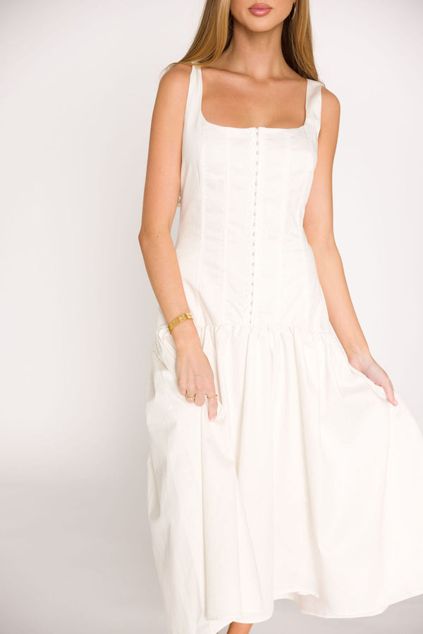 Violet Corset Style Drop Waist Midi Dress in Off-White