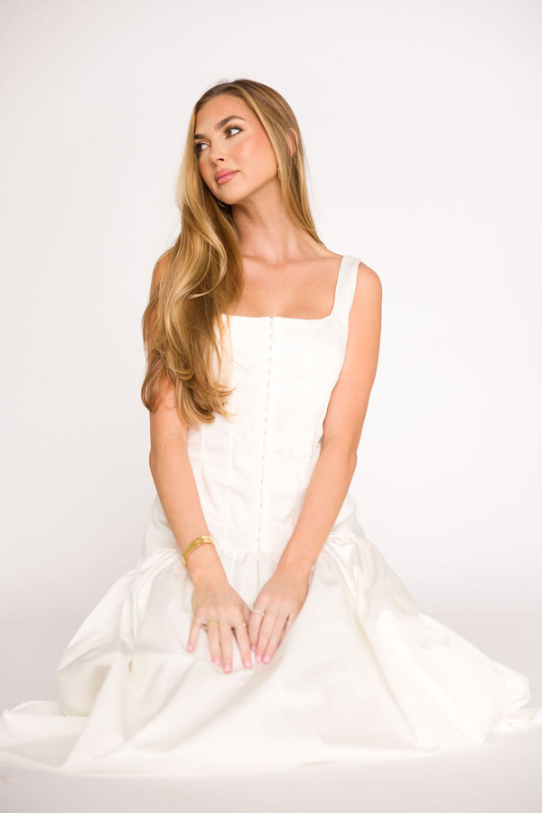 Violet Corset Style Drop Waist Midi Dress in Off-White
