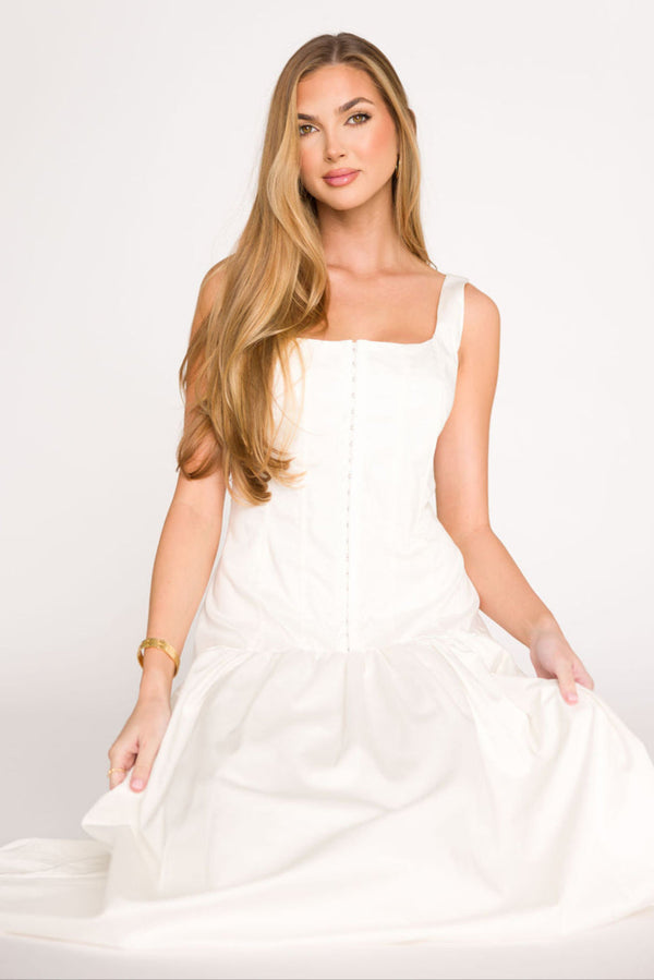 Violet Corset Style Drop Waist Midi Dress in Off-White